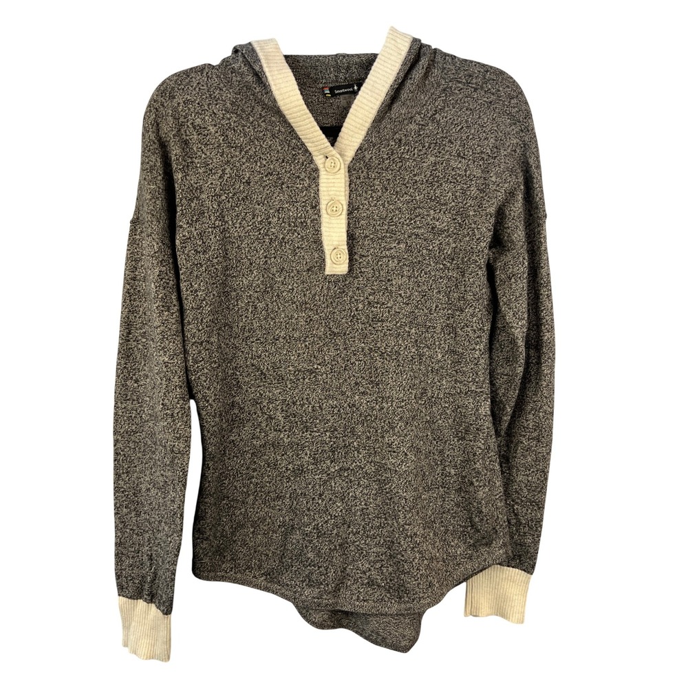 Smartwool Women's Shadow Pine Hooded Sweater Marled Black/Cream Wool Blend‎ SZ M